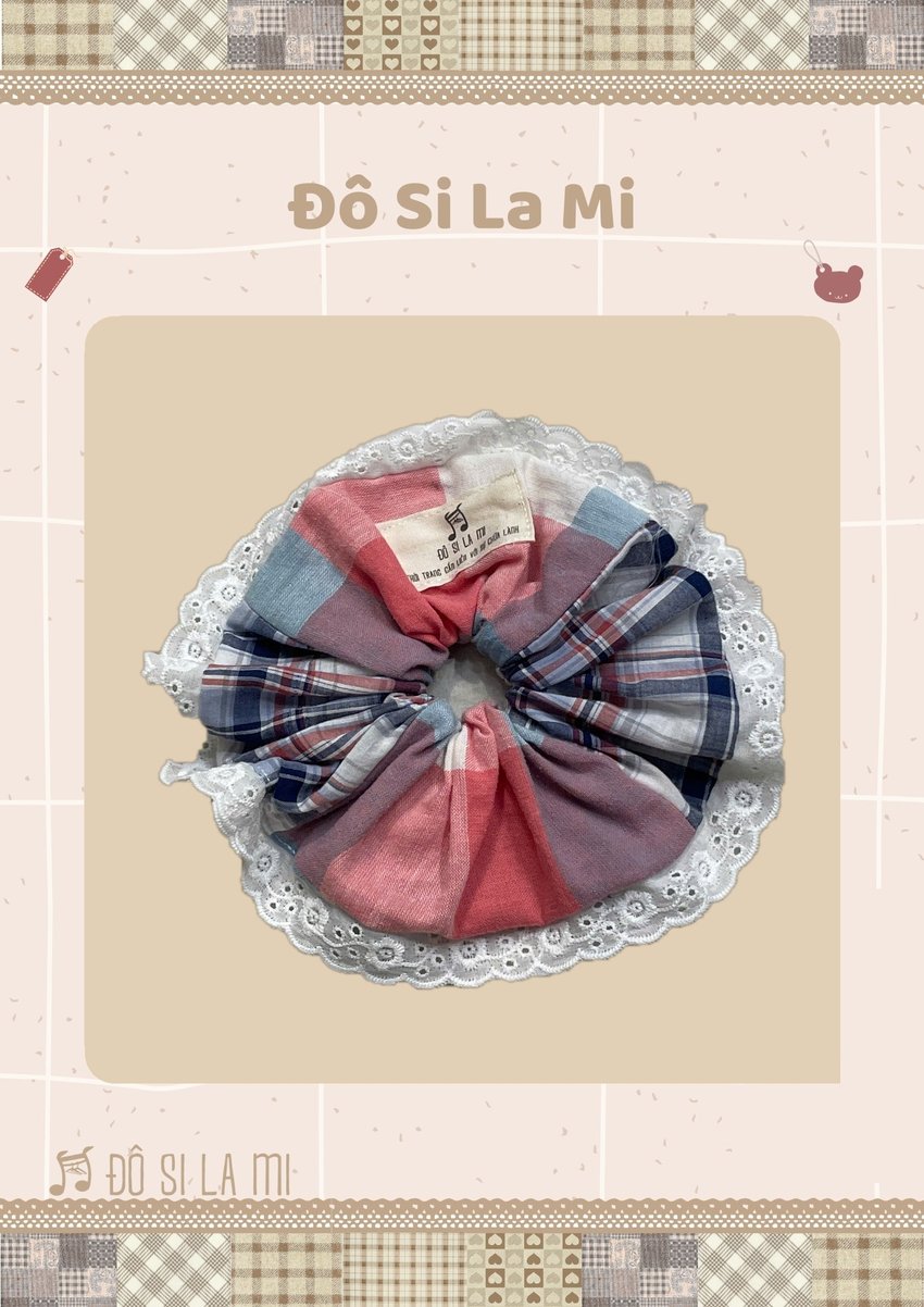 Dây Buộc Tóc Vải Caro Hồng Xanh